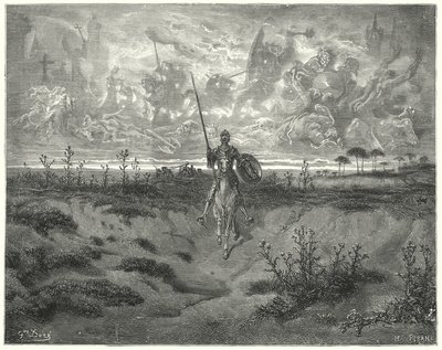 Don Quijote Gustava Dorea: „Téměř celý ten den cestoval“ (rytina) od Gustave Dore