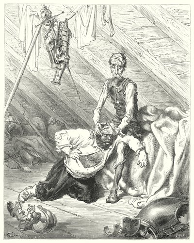 Don Quijote Gustava Dorea: „Opravdu věřil, že nastala jeho poslední hodina“ (rytina) od Gustave Dore