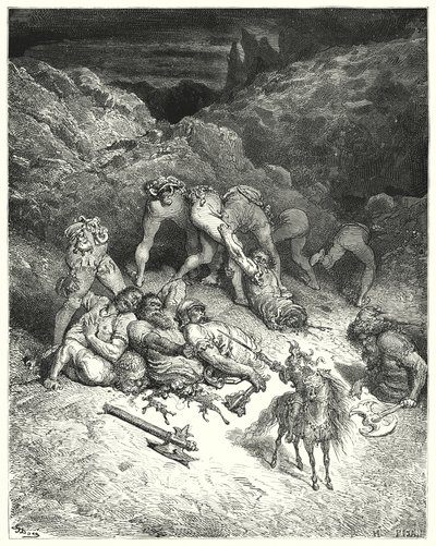 Don Quijote Gustava Dorea: „Jak Felixmarte uprostřed odřízl pět obrů“ (rytina) od Gustave Dore