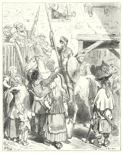 Don Quijote Gustava Dorea: „S tím vším nemám nic společného,“ zvolal hostinský; "zaplaťte za sebe" (rytina) od Gustave Dore