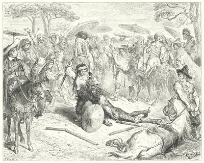 Don Quijote Gustava Dorea: „Navzdory jeho pažím ho mlátil jako pšeničný snop“ (rytina) od Gustave Dore