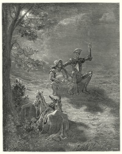 Don Quijote Gustava Dorea: „Při takových rozpravách strávili velkou část noci“ (rytina) od Gustave Dore