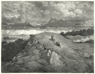 Don Quijote Gustava Dorea: „Byla noc, než se naši dva cestovatelé dostali do nejpouštnější části hory“ (rytina) od Gustave Dore