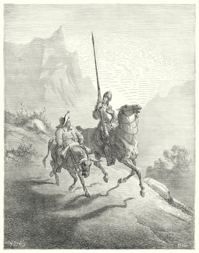 Don Quijote Gustava Dorea: „Bylo ještě časné ráno, v tu dobu nebyly sluneční paprsky tak urážlivé“ (rytina) od Gustave Dore