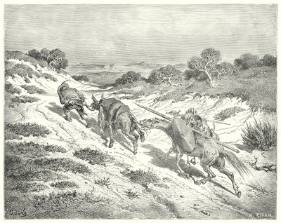 Don Quijote Gustava Dorea: „Vedl prdel za ohlávku a vydal se nejbližší cestou, kterou dokázal odhadnout, k hlavní silnici“ (rytina) od Gustave Dore