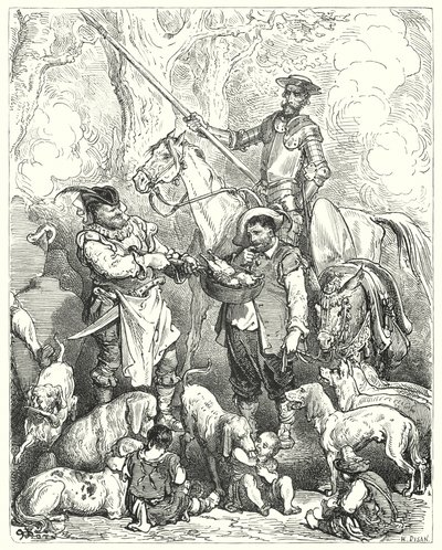 Don Quijote Gustava Dorea: „Udělejte si posun, abyste s tím zůstali v žaludku, dokud nebude večeře hotová“ (rytina) od Gustave Dore
