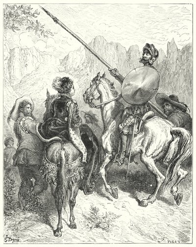 Don Quijote Gustava Dorea: „Nyní, paní,“ řekl don Quijote, „dovolte mi požádat vaši velikost, abyste mi řekli, kterou cestou musíme jít, abychom vám prokázali službu“ (rytina) od Gustave Dore