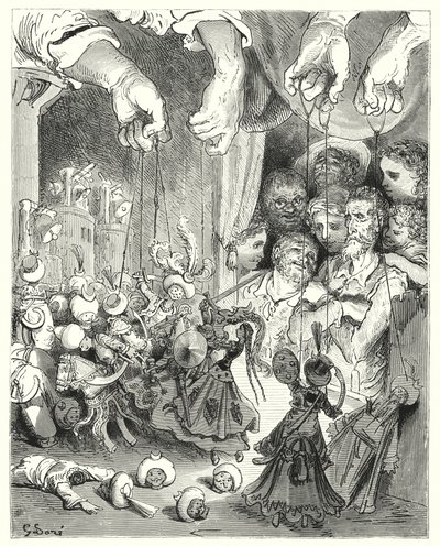 Don Quijote Gustava Dorea: „Pozorujte, jak se z města valí obrovská společnost třpytivých koní, aby pronásledovala křesťanské milence“ (rytina) od Gustave Dore