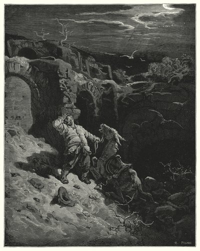 Don Quijote Gustava Dorea: "Ach, můj drahý příteli a příteli," řekl svému zadku, "jak špatně jsem oplatil tvou věrnou službu!" (rytina) od Gustave Dore