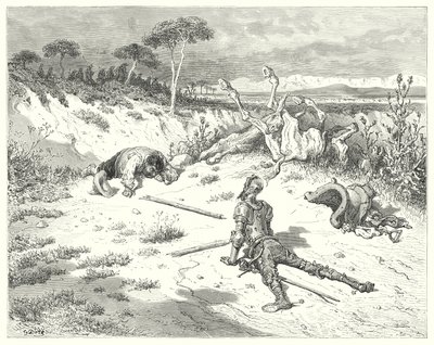 Don Quijote Gustava Dorea: „Sancho, vždycky jsem to slyšel říkat, že dělat laskavost klaunům je jako házet vodu do moře“ (rytina) od Gustave Dore