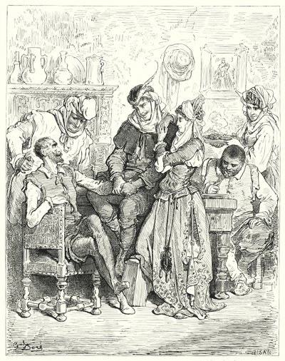 Don Quijote Gustava Dorea: „Sancho a jeho pán zůstali tři dny s mladým párem a bavili se jako princové“ (rytina) od Gustave Dore