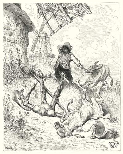 Don Quijote Gustava Dorea: „Sancho běžel tak rychle, jak jen jeho zadek dokázal jet, aby pomohl svému pánovi“ (rytina) od Gustave Dore