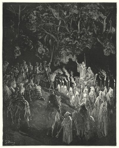 Don Quijote Gustava Dorea: „Postava v šatech vstala“ (rytina) od Gustave Dore