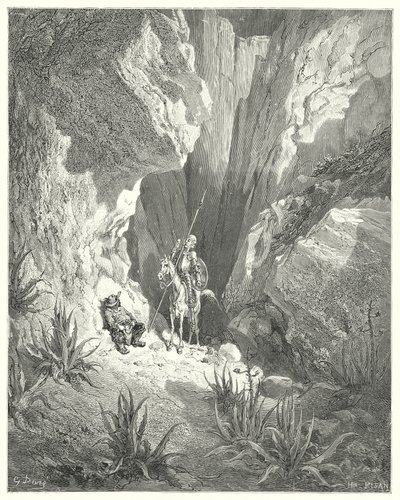Don Quijote Gustava Dorea: „První věc, kterou našel, byl hrubý návrh sonetu; tak ho přečetl nahlas“ (rytina) od Gustave Dore