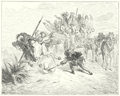 Don Quijote od Gustava Dorea: „Blázon z té hry přišel prohrabat svými zvonky morrice“ (rytina) od Gustave Dore