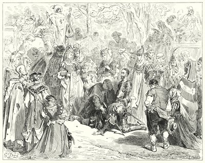 Don Quijote Gustava Dorea: „Ubohá panna, třesoucí se a zděšená, aniž by promluvila, přišla k ubohému Basilovi“ (rytina) od Gustave Dore