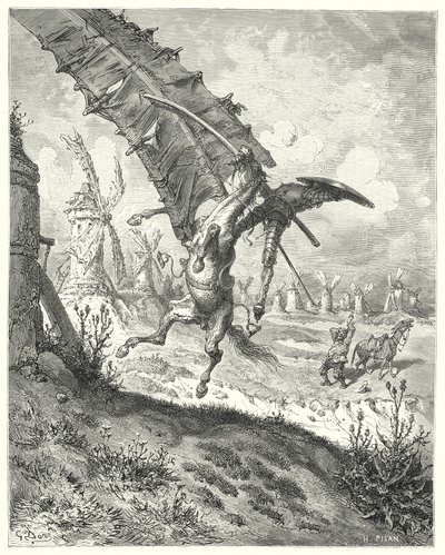 Don Quijote Gustava Dorea: „Plachta odmrštila spolu s sebou i rytíře i koně“ (rytina) od Gustave Dore