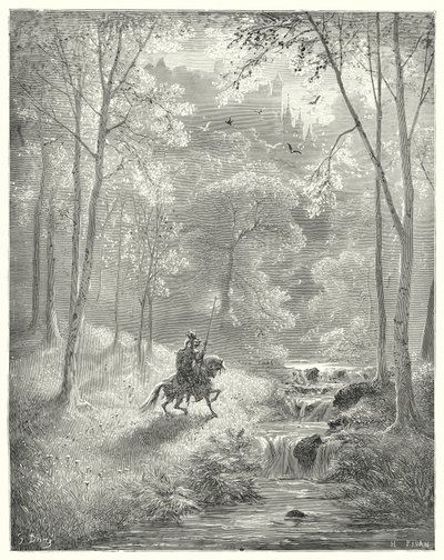 Don Quijote Gustava Dorea: „Nebe se mu zdá průhlednější a slunce jako by svítilo dvojnásobným jasem“ (rytina) od Gustave Dore