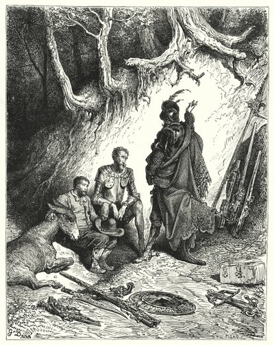 Don Quijote Gustava Dorea: „Panošové opustili Don Quijote, Roque a Sancho, aby čekali na svůj návrat“ (rytina) od Gustave Dore