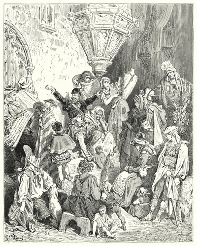 Don Quijote Gustava Dorea: „Na povrchu země nebyla země, kterou by neviděl, ani bitva, do které by se nezapojil“ (rytina) od Gustave Dore