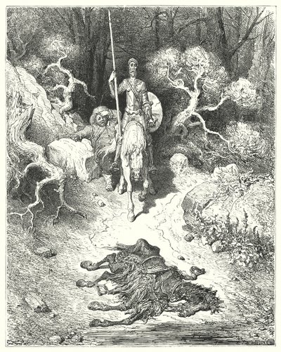 Don Quijote Gustava Dorea: „Přišli do parku, kde našli mrtvého mulu“ (rytina) od Gustave Dore