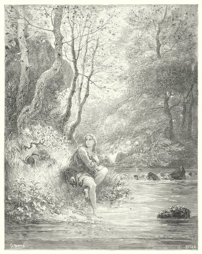 Don Quijote Gustava Dorea: „Spatřili mladíka ve venkovském hábitu, jak sedí na úpatí skály za jasanem“ (rytina) od Gustave Dore