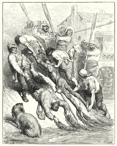 Don Quijote Gustava Dorea: „Oba byli vytaženi na břeh, více promočení než žízniví“ (rytina) od Gustave Dore