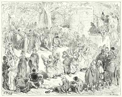 Don Quijote od Gustava Dorea: „Vedl je ctihodný starý muž a královna žena“ (rytina) od Gustave Dore