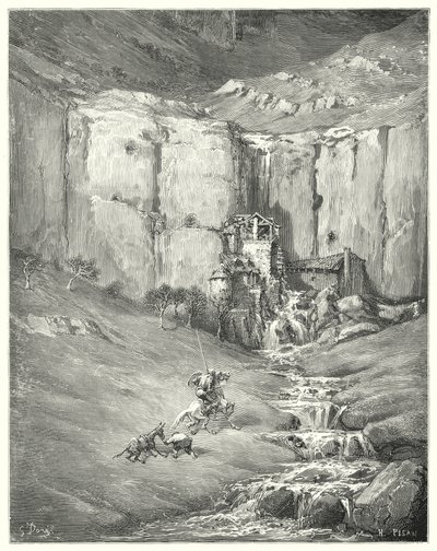 Don Quijote Gustava Dorea: "Když se přiblížili, dokonce i samotný pacient Rozinante začal u toho strašlivého zvuku" (rytina) od Gustave Dore