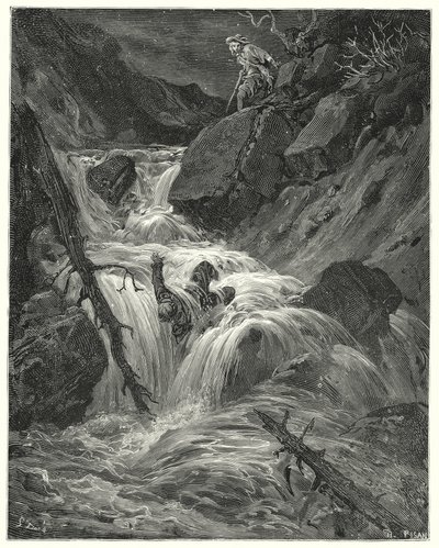Don Quijote Gustava Dorea: „S trochou síly, kterou jsem měl, jsem ho stlačil dolů do propasti, kde jsem ho nechal“ (rytina) od Gustave Dore