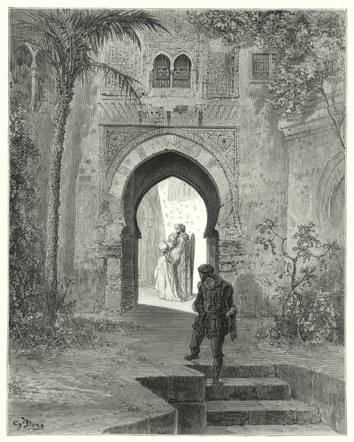 Don Quijote Gustava Dorea: „Zoraida, která svým vzhledem projevila potíže, odešla se svým otcem“ (rytina) od Gustave Dore