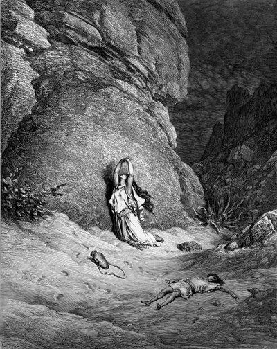 Hagar a Ismael, rytina Doré. - Bible od Gustave Dore