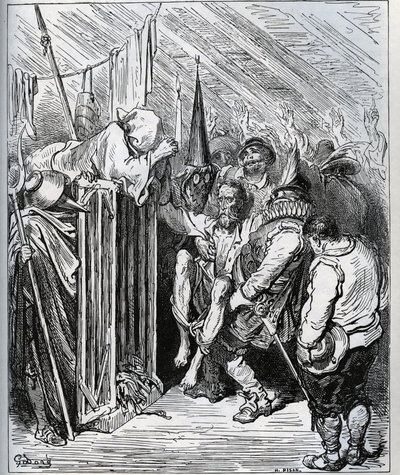 Jak se zbavit Dona Quijota. Lidé z hotelového obchodu se ho rozhodli zavřít tím, že ho přiměli uvěřit v nové kouzlo a nový rytířský test - z „Don Quijote de la Mancha“ od Miguela Cervantese (1547-1616) (Don Quijote) - Dřevoryt po nakreslení od Gustave Dore