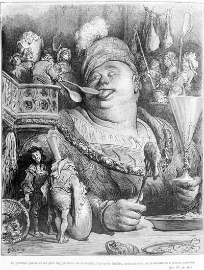 Čtyři z jeho lidí mu však házeli hořčici do úst, jeden po druhém, nepřetržitě, plnou lopatou. Extrakt z Gargantua od Françoise Rabelaise (1483 - 1553), rytina Gustava Dore (1832-1883). od Gustave Dore
