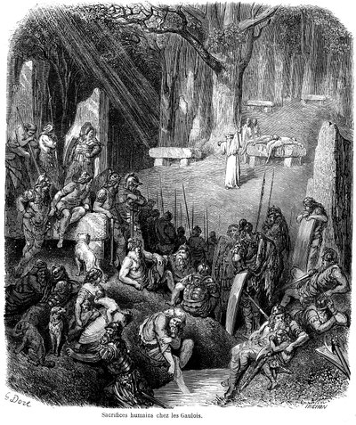 Lidské oběti u Galů - druidové, dolmen, menhir - rytina Gustava Doreho v "L