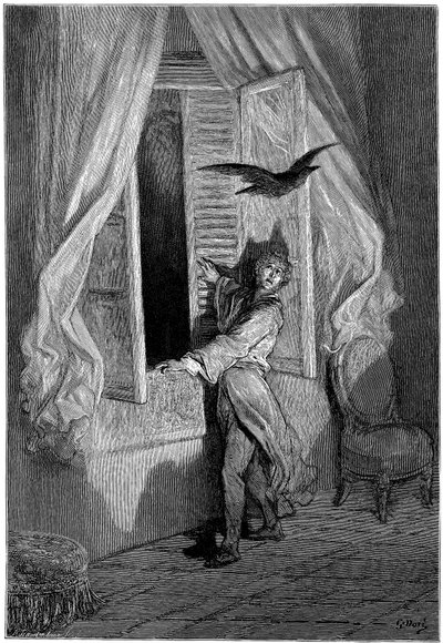 Ilustrace Gustava Doreho (1832-1883) k povídce Edgara Allana Poea "Havran" (The Raven). Tuto sérii dokončil Dore v roce 1883, tedy v roce své smrti, a patří tedy k jeho posledním dílům - od Gustave Dore