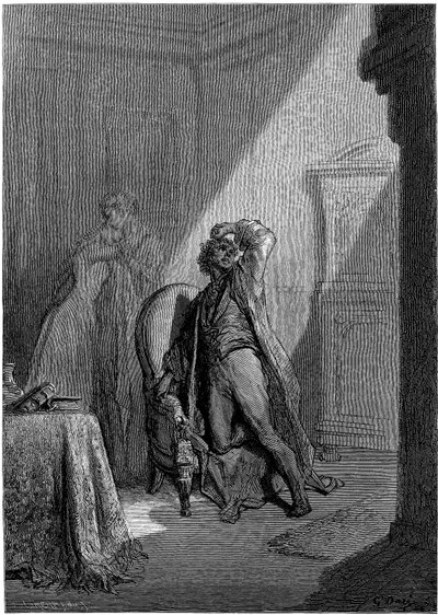 Ilustrace Gustava Doreho (1832-1883) k povídce Edgara Allana Poea "Havran" (The Raven). Tuto sérii dokončil Dore v roce 1883, tedy v roce své smrti, a patří tedy k jeho posledním dílům - od Gustave Dore