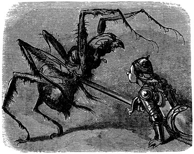 Ilustrace Gustava Doreho (1832-1883) ke knize Ernesta Lepina "La legende de Croquemitaine" (1863) - Při pohledu na tento obraz boje s mečem proti obrovskému araigneovi si nelze nevzpomenout na bitvu Froda a Aragnea v Tolkienově knize. od Gustave Dore