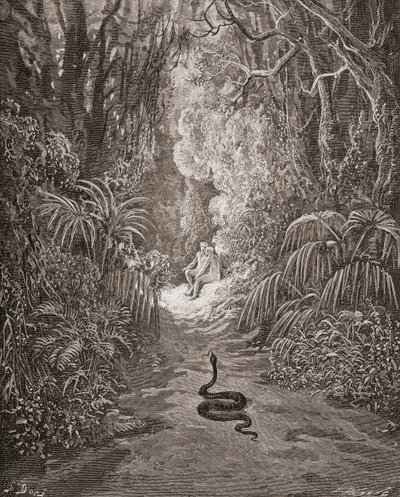 Ilustrace Gustava Doreho 1832-1883 Francouzský malíř a ilustrátor ke knize Ztracený ráj od Johna Miltona, kniha IX, řádky 434 a 435 od Gustave Dore