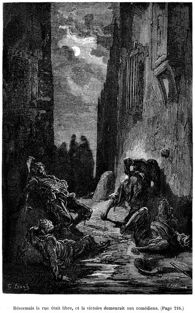 Ilustrace Gustava Doreho k románu Theophila Gautiera "Le Capitaine Fracasse" - Edition Charpentier 1883, prakticky totožná s prvním vydáním ilustrovaným G. Dorem u téhož nakladatele v roce 1866. Kapitola "Meč, pálka a jiná dobrodružství". od Gustave Dore