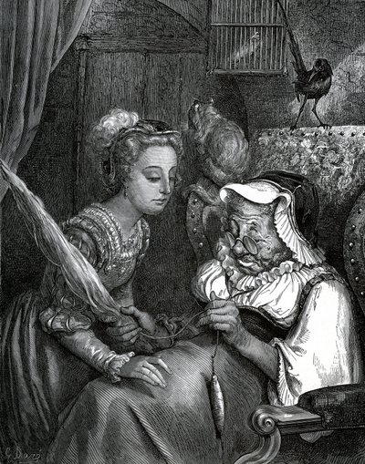 Ilustrace Gustava Doreho k pohádce Charlese Perraulta: Šípková Růženka. Princezna se píchne o kočičí ocas stařeny, která utíká ve vřetenu. od Gustave Dore