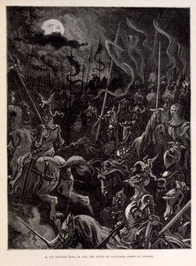 Ilustrace rytířů v bitvě za měsíčního večera. od Gustave Dore