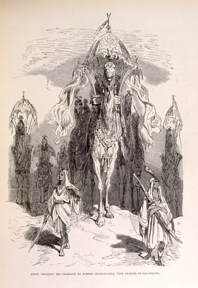 Ilustrace orientálního velbloudího vlaku se služebnictvem a kočárem. od Gustave Dore