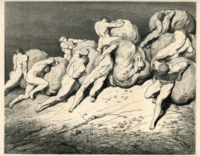 Ve čtvrtém kruhu pekla, jemuž vládne Pluto (Hádes), Avarové a Prodiganové nesou a valí těžká břemena (kameny) a střetávají se s hněvem. Rytina z Pekla Danta Alighieriho (Božská komedie) ilustrovaná Gustavem Dorem. Francouzský e od Gustave Dore