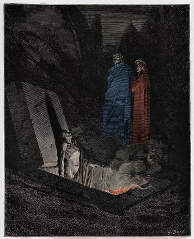 Inferno, Canto 10: Farinata degli Uberti oslovuje Danteho, ilustrace z „Božské komedie“ od Dante Alighieriho, 1885 od Gustave Dore