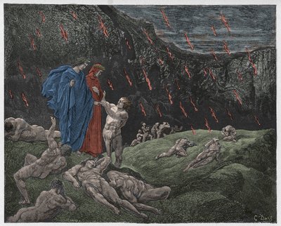 Inferno, Canto 15: Brunetto Latini accosts Dante, ilustrace z „Božské komedie“ od Dante Alighieri, 1885 od Gustave Dore