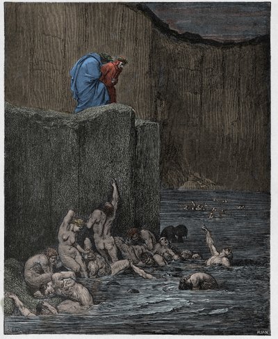 Inferno, Canto 18: Milenci a lichotníci v osmém kruhu, ilustrace z „Božské komedie“ od Dante Alighieriho, 1885 od Gustave Dore