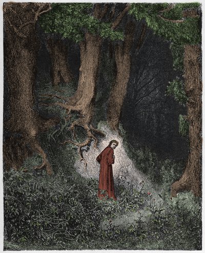 Inferno, Canto 1: Dante v divokém lese, ilustrace z „Božské komedie“ od Dante Alighieriho, 1885 od Gustave Dore