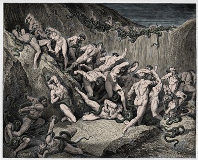 Inferno, Canto 24: Zloději mučení hady, ilustrace z „Božské komedie“ od Dante Alighieriho, 1885 od Gustave Dore