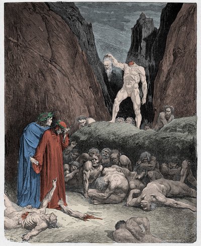 Inferno, Canto 28 : Uťatá hlava Bertrana de Born promlouvá k Dantovi, ilustrace z "Božské komedie" od Dante Alighieriho od Gustave Dore